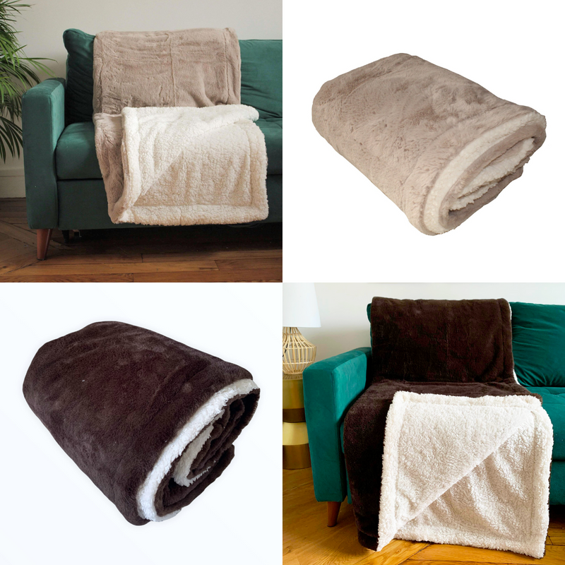 Pack - Plaids Polaire Imitation Lapin Taupe et Chocolat