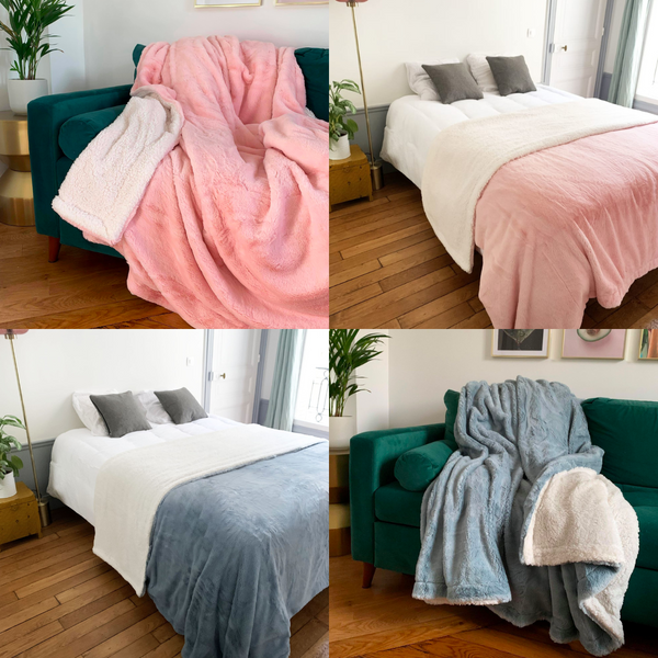 Pack promo de couvertures polaire imitation lapin bleu et rose - Le comptoir de la plage
