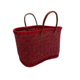 Panier Aravola artisanal rouge MM en fibres naturelles avec poignées en cuir, dimensions 38×19×28 cm. Panier solide pour les courses, la plage ou la piscine, également appelé Panier Marché, tressage Aravola
