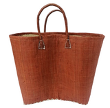 panier artisanal belo caramel GM fibres naturelles aravola tressé, coins et poignées cuir dimensions 40x20x30 cm fond renforcé, idéal pour le marché ou la plage 