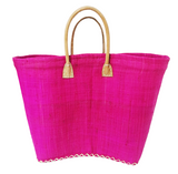 panier artisanal belo fuchsia GM fibres naturelles aravola tressé, coins et poignées cuir dimensions 40x20x30 cm fond renforcé, idéal pour le marché ou la plage 