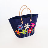 panier artisanal majunga bleu marine rabane brodé avec motifs fleurs avec pochon, poignées cuir dimensions 50x20x35 cm fond renforcé, idéal pour le marché ou la plage