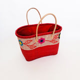 panier artisanal Namakia rouge rabane brodé avec broderies fleurs avec pochon, anses cuir dimensions 35x20x35 cm fond renforcé, idéal pour le marché ou la plage 