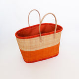 Panier artisanal rabane ivato orange coins cuir, Poignées cuir avec pochon   dimensions 50 × 20 × 30 cm, parfait pour sorties et marché, robuste et élégant