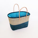 Panier artisanal rabane ivato turquoise coins cuir, Poignées cuir avec pochon   dimensions 50 × 20 × 30 cm, parfait pour sorties et marché, robuste et élégant