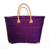 Panier artisanal rabane unie prune morondova coins cuir avec pochon  dimensions MM 45 × 20 × 30 cm ou GM 50x20x35, parfait pour sorties et marché, robuste et élégant