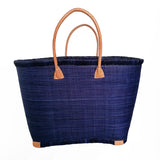 Panier artisanal rabane unie bleu marine morondova coins cuir avec pochon  dimensions MM 45 × 20 × 30 cm ou GM 50x20x35, parfait pour sorties et marché, robuste et élégant