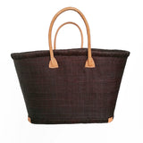 Panier artisanal rabane unie chocolat morondova coins cuir avec pochon   dimensions MM 45 × 20 × 30 cm ou GM 50x20x35, parfait pour sorties et marché, robuste et élégant
