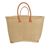 Panier artisanal rabane unie naturel morondova coins cuir avec pochon   dimensions MM 45 × 20 × 30 cm ou GM 50x20x35, parfait pour sorties et marché, robuste et élégant
