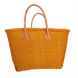 Panier artisanal rabane unie safran  morondova coins cuir avec pochon dimensions MM 45 × 20 × 30 cm ou GM 50x20x35 cm parfait pour sorties et marché, robuste et élégant