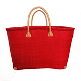 Panier artisanal rabane unie morondova  rouge coins cuir avec pochon   dimensions MM 45×20×30 cm ou GM 50x20x35 cm , parfait pour sorties et marché, robuste et élégant