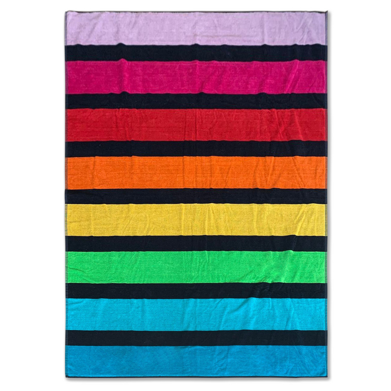 Serviette de plage Indra - 140x180 cm 400 g/m² - Éponge velours Jacquard - Motifs Larges rayures multicolores – 100% Coton - LE COMPTOIR DE LA PLAGE
