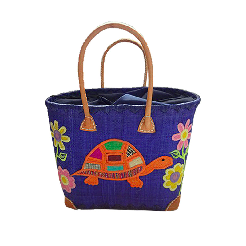 Panier artisanal rabane "Tortue" avec motifs brodés