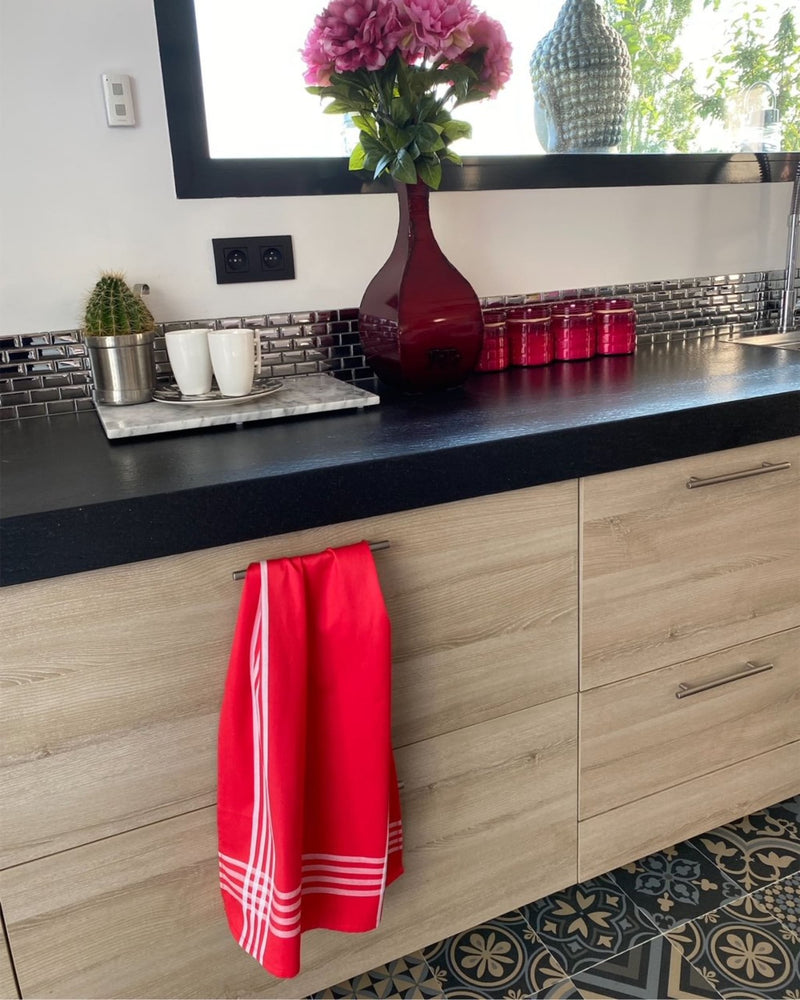 Lot de 2 Duos de torchons assortis bicolores rayés rouge 50 x 70