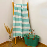 Drap de bain fouta plate traditionnelle rayée Transat vert d'eau - Le comptoir de la plage