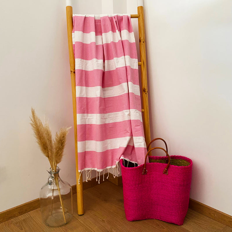 Drap de bain fouta plate traditionnelle rayée Transat rose - Le comptoir de la plage