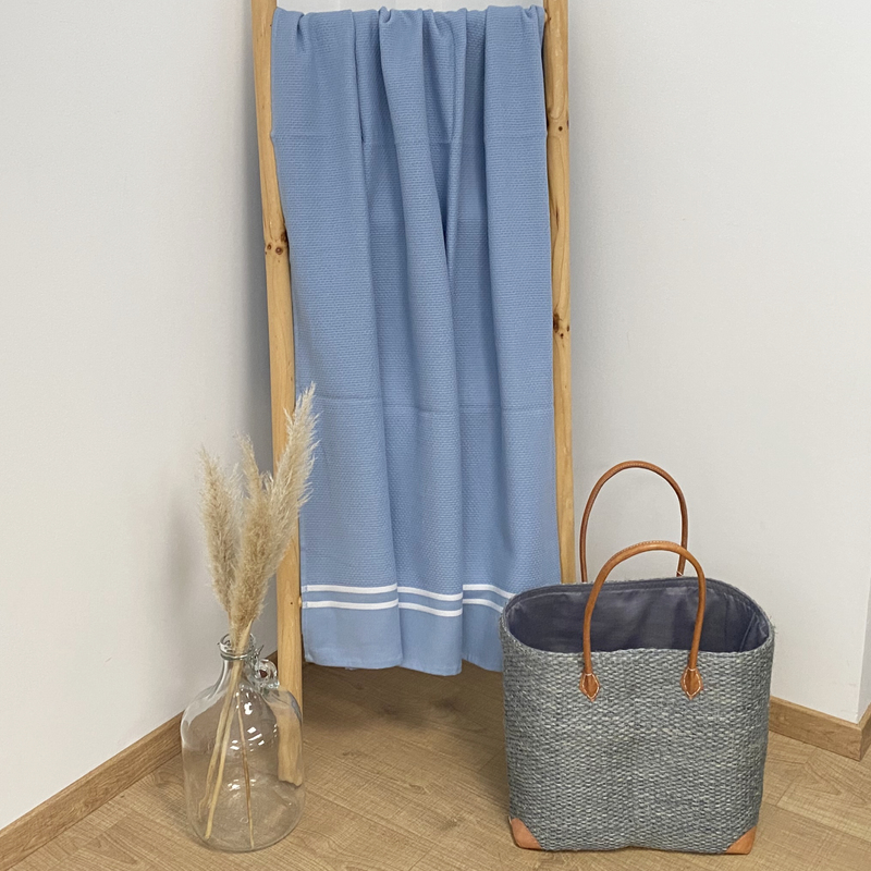 Drap de bain fouta coton gris bleu éponge Waffle - Le comptoir de la plage