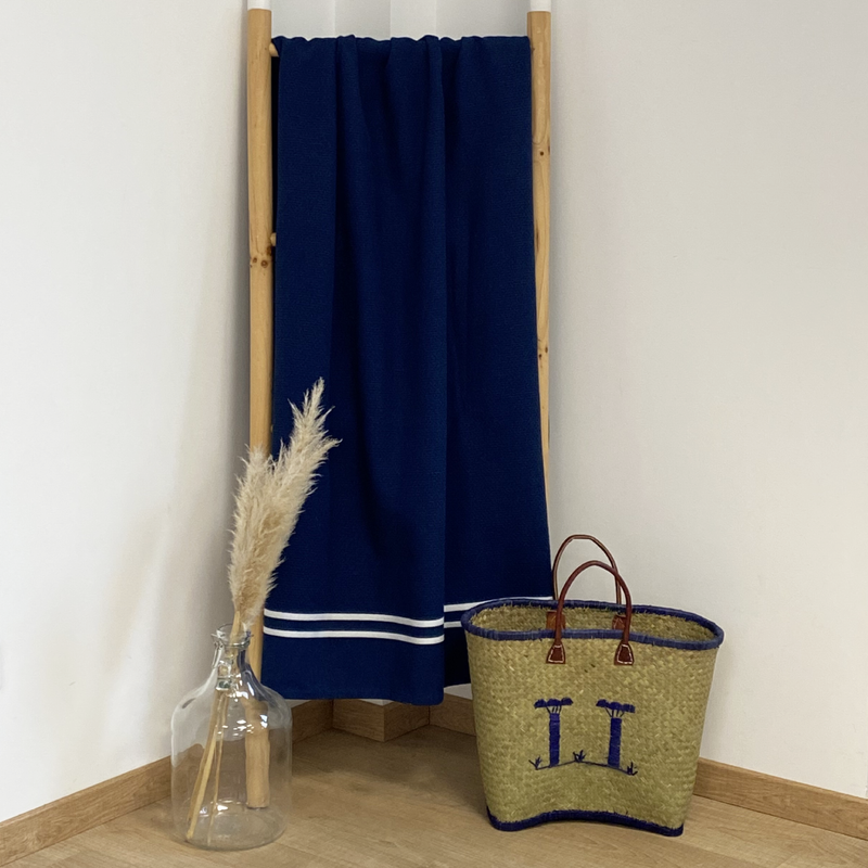 Drap de bain fouta coton bleu marine éponge Waffle - Le comptoir de la plage