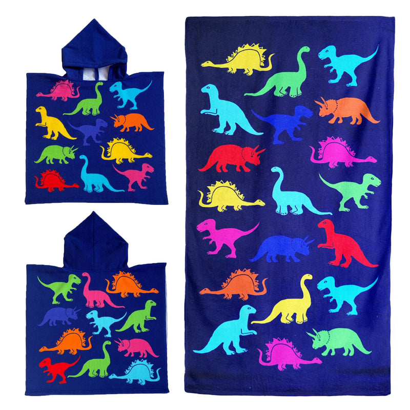 Pack enfant poncho et serviette microfibre Dino - Le comptoir de la plage