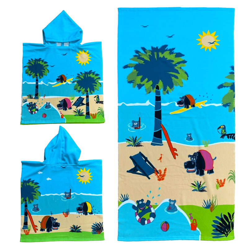 Pack enfant Hippo poncho et serviette microfibre - Le comptoir de la plage