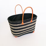 panier artisanal ambanja noir fibres naturelles GM rabane coins cuir avec pochon dimensions 50×20×35 cm robuste et élégant, parfait pour sorties et marché, robuste et élégant