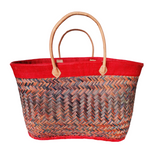 panier artisanal antaly rouge taille GM avec bordure rabane unie rouge et poignées cuir, fibres naturelles, dimension 30×56×23 cm. 
solide, idéal pour les courses ou la plage.

