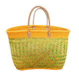panier artisanal antaly safran taille GM avec bordure rabane unie et poignées cuir, fibres naturelles, dimension 30×56×23 cm. 
Solide, idéal pour les courses ou la plage.

