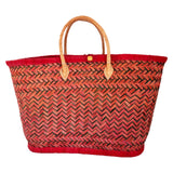 Panier artisanal Aravola Luxe Tutti frutti rouge GM en fibres naturelles avec poignées en cuir, dimensions 55x24x35 cm solide, élégant et idéal pour la plage ou vos courses au quotidien.