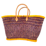 Panier artisanal Aravola Luxe Tutti frutti safran GM en fibres naturelles avec poignées en cuir, dimensions 55x24x35 cm solide, élégant et idéal pour la plage ou vos courses au quotidien
