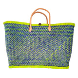 Panier artisanal Aravola Luxe Tutti frutti vert GM en fibres naturelles avec poignées en cuir, dimensions 55x24x35 cm solide, élégant et idéal pour la plage ou vos courses au quotidien.
