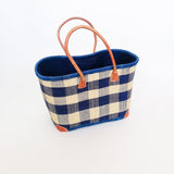 panier artisanal beloha bleu marine rabane GM motifs carreaux avec pochon rabane coins cuir dimensions 50×20×35 cm robuste et élégant, parfait pour sorties et marché, robuste et élégant