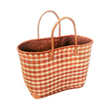 panier artisanal carreaux de vichy caramel rabane GM motifs carreaux avec pochon rabane coins cuir dimensions 50 × 20 × 35 cm robuste et élégant, parfait pour sorties et marché, robuste et élégant
