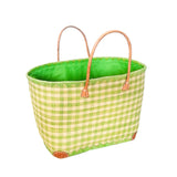 panier artisanal carreaux de vichy vert anis rabane GM motifs carreaux avec pochon rabane coins cuir dimensions 50×20×35 cm robuste et élégant, parfait pour sorties et marché, robuste et élégant