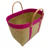 panier artisanal tsimgy fuchsia SGM tressage naturel bordure rabane avec poignées en cuir dimensions 45x20x30 cm idéal pour marché plage ou courses robuste et élégant