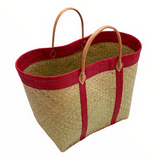 panier artisanal tsimgy rouge SGM tressage naturel bordure rabane avec poignées en cuir dimensions 45x20x30 cm idéal pour marché plage ou courses robuste et élégant