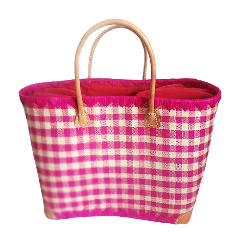 Panier artisanal rose fuchsia carreaux - Le comptoir de la plage